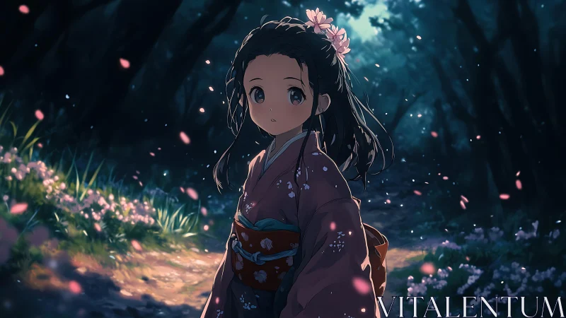 Twilight petals follow a quiet kimono girl through forest dusk