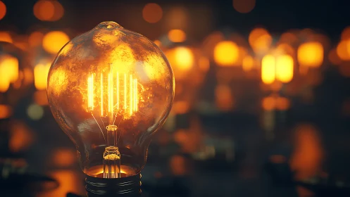 Glowing vintage light bulb casting a cozy golden warmth.