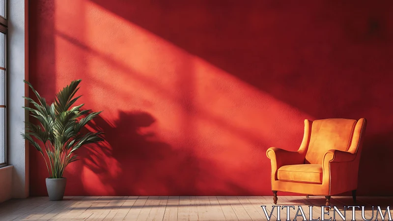 Sunlit orange armchair against bold red interior wall.