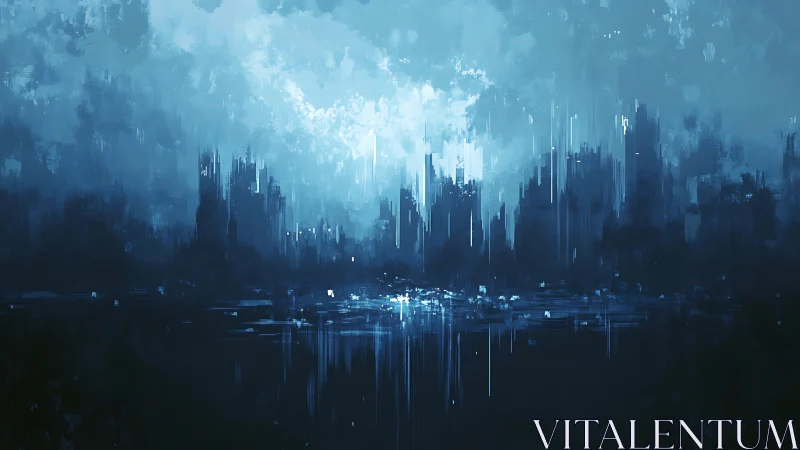 Abstract nocturne skyline with vertical luminance strokes.