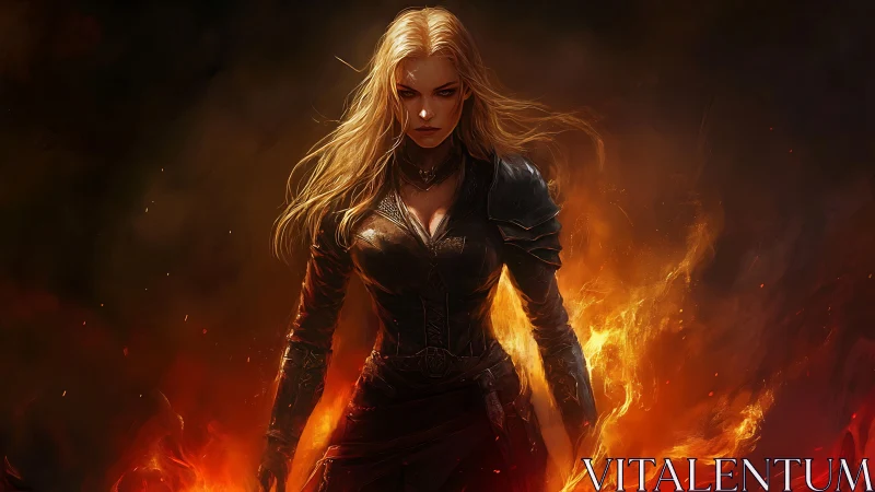Armored blonde warrior stands in engulfing orange fire