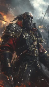 Undead pirate warlord strides through burning battle-torn deck