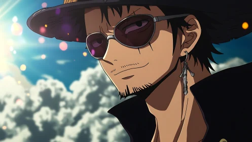 Sunlit anime drifter in shades under dramatic sky.