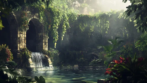 Lush jungle ruins with stone arches and waterfall pool.