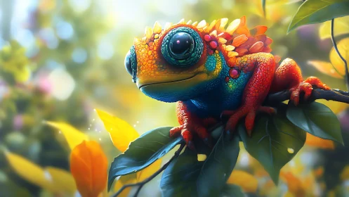 Radiant rainbow gecko rests on sunlit forest branch.