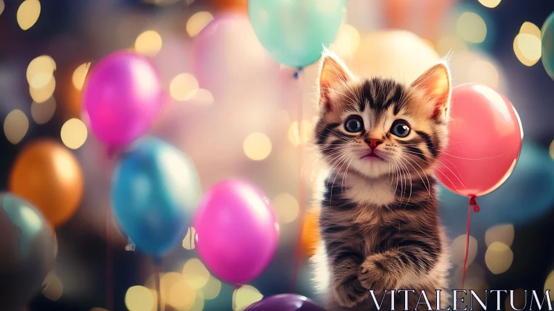 Tabby Kitten with Multicolor Balloons in Bokeh Celebration.