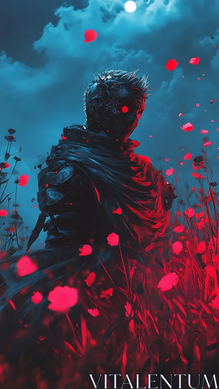 Armored wraith with red ocular core dominates neon poppy field