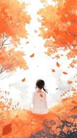 Girl in white dress under glowing autumn canopy, contemplative.