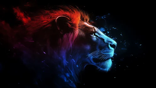 Colorfire lion drifts between embers and electric tides