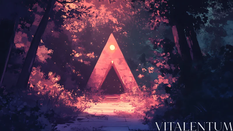 Geometric pyramid structure within illuminated forest clearing.
