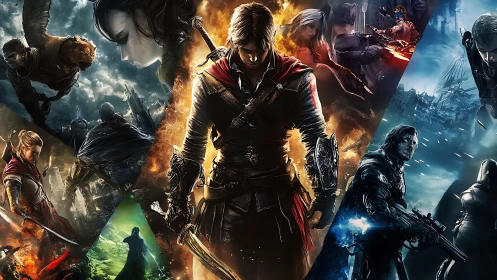 Central fantasy warrior stands amid segmented battle scenes