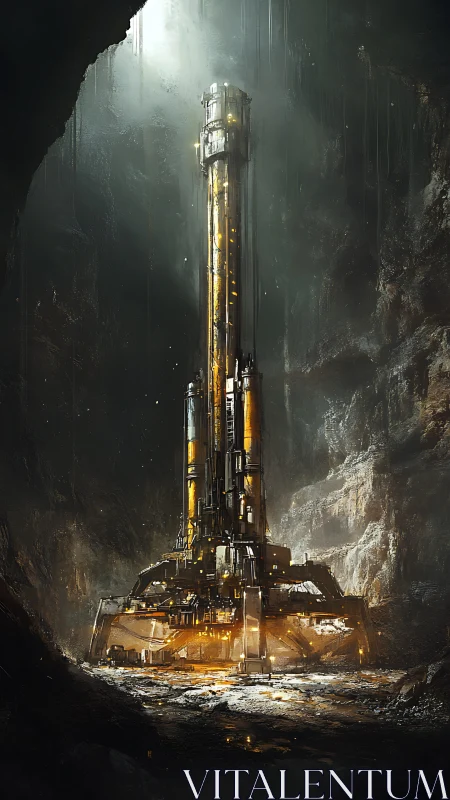 Massive subterranean drilling tower emits golden industrial light