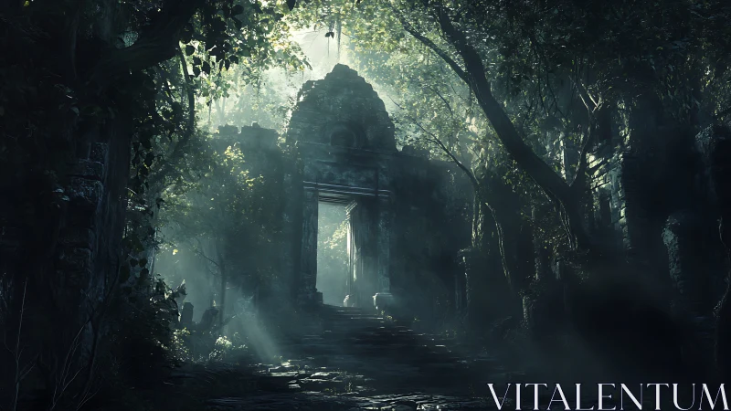 Sunlit overgrown stone temple gate in dense jungle ruins