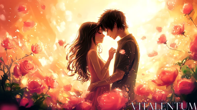 Couple Embracing in Glowing Rose Garden.