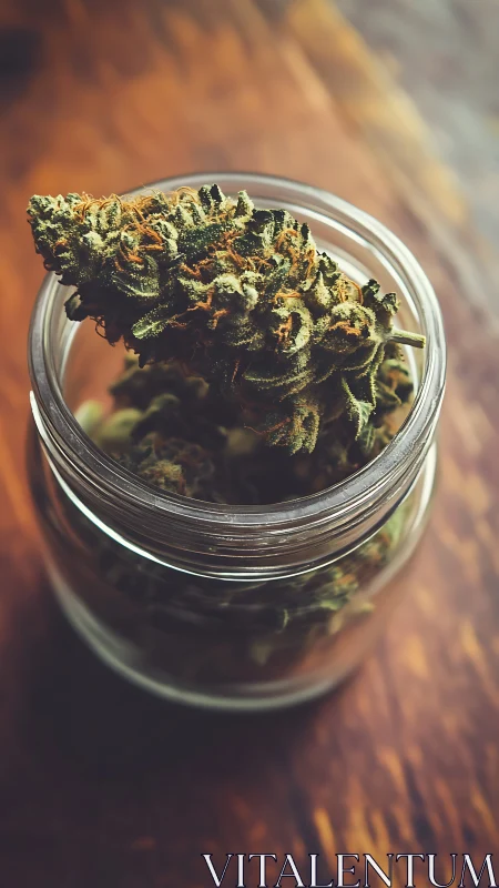 Macro study of dried cannabis bud in glass jar with shallow focus