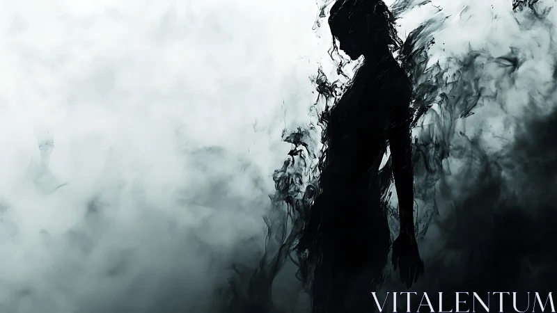 Silhouette in dissolving ink cloud amid pale swirling mist.