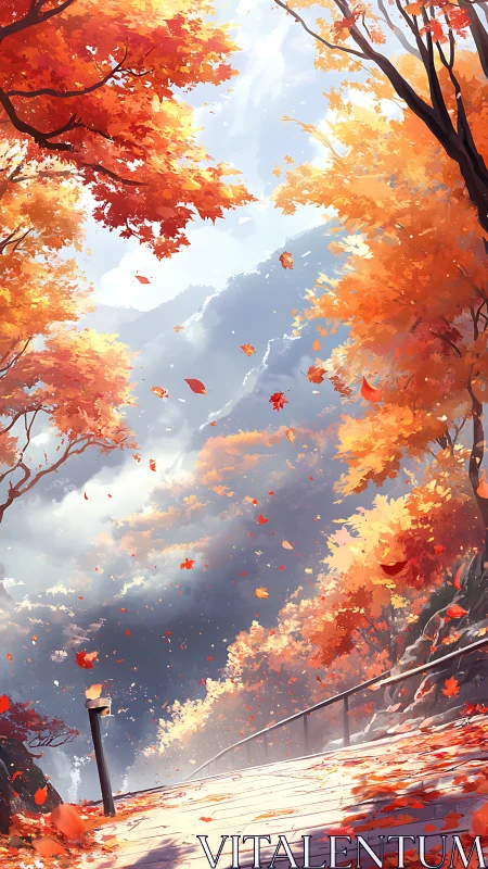 Sloped pathway passes through dense autumn foliage calmly