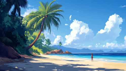 Tropical Beach Landscape with Solitary Figure and Palm.