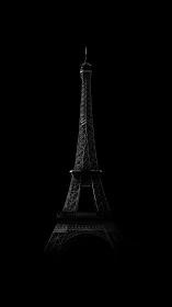 Noir silhouette of Eiffel Tower in stark negative space.