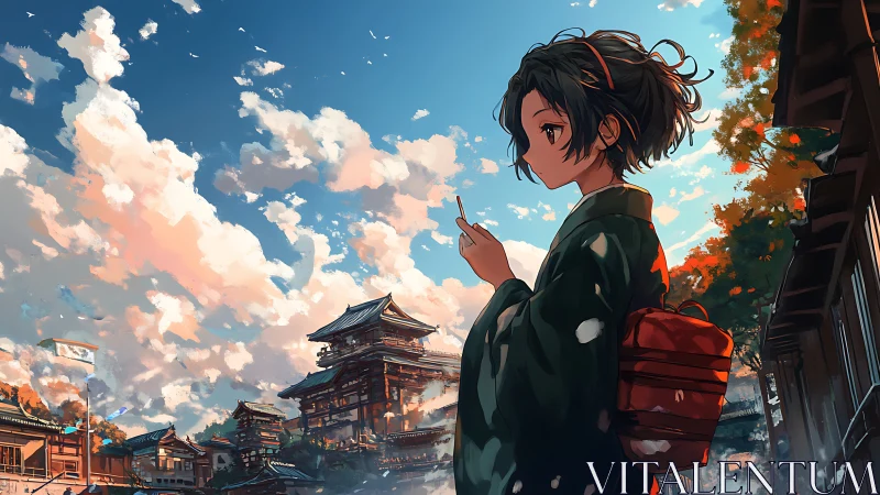 Girl in green kimono observes sky above traditional town