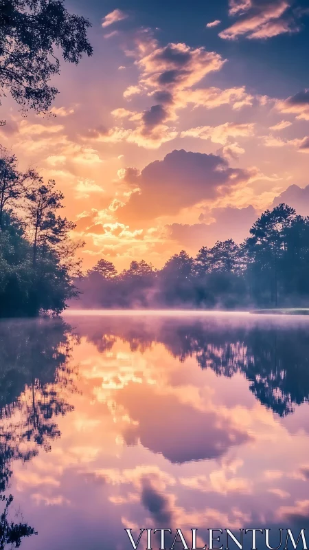 Sunrise clouds mirrored over calm forest lake surface.