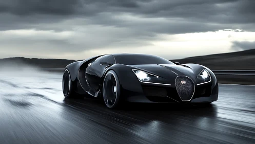 Sleek black supercar gliding across a gleaming wet highway.