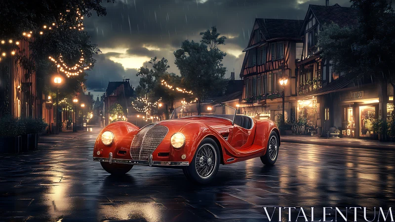 Red vintage roadster glowing on a rainy evening street.