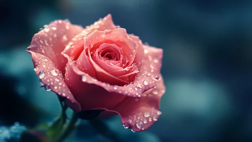 Pink Rose with Dewdrops in Soft Light.