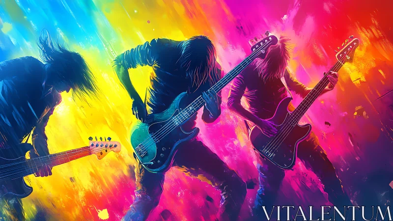 Neon rock trio shredding guitars in explosive color storm.