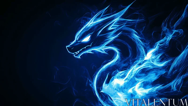 Luminescent blue plasma dragon silhouette on black void