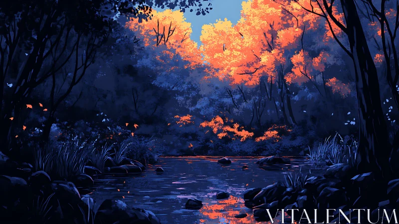 Forest Stream at Dusk with Autumn Fire and Dark Water