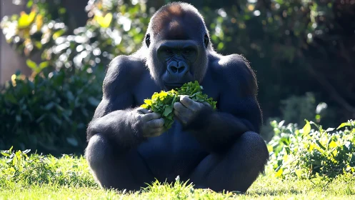 Gorilla sitting on grass calmly eating leafy green plants.