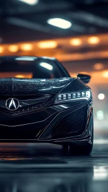 Glossy black sports car glows under blurred city lights.