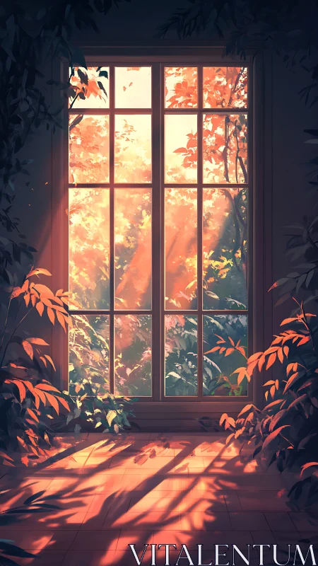 Sunlit foliage framed by interior window grid at dusk.
