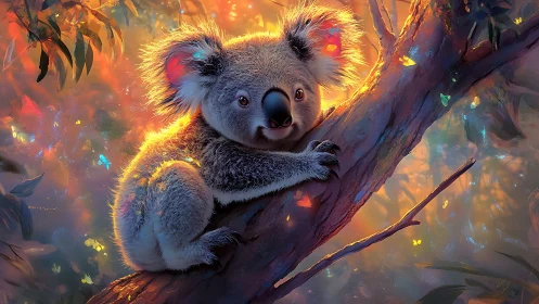 Koala dreamer perched in glowing twilight butterfly forest.