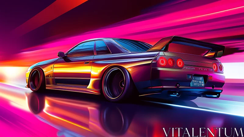 Neon-lit sports car races through a futuristic night tunnel