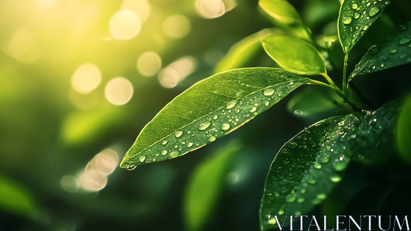Sunlit raindrop confetti upon emerald morning leaves.