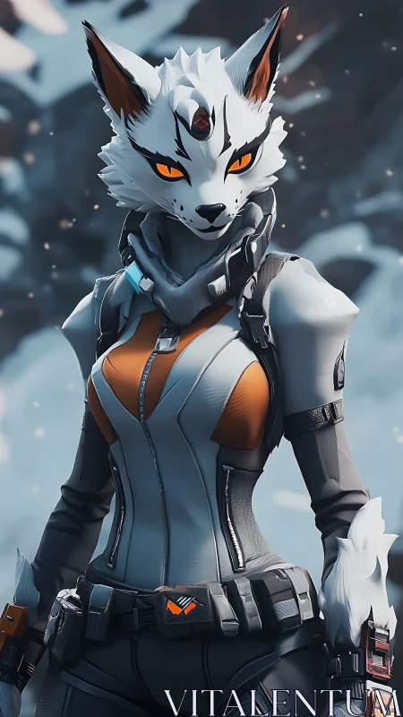 Cybernetic vulpine sentinel in articulated tactical exosuit.