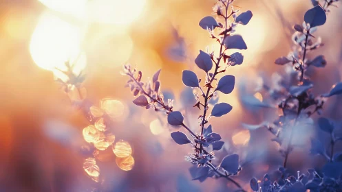 Backlit frosted foliage with shallow depth and warm bokeh glow