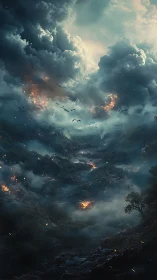 Apocalyptic valley landscape with massive storm clouds and fire