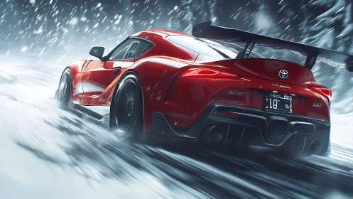 Red sports coupe drifting through dynamic snowstorm motion.