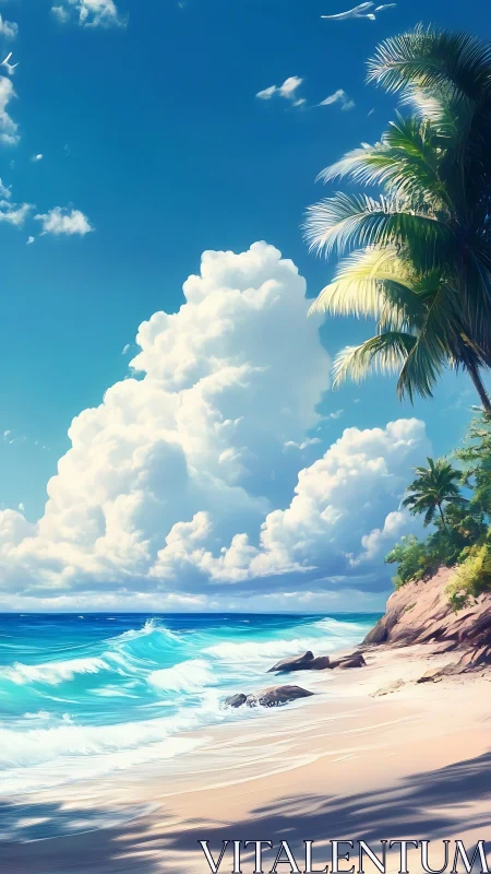 Tropical Coastal Landscape: Cumulus Clouds Over Turquoise Waters.