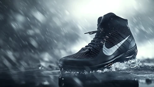 High-contrast athletic sneaker in dramatic rain scene.