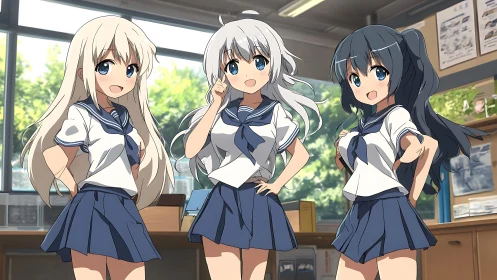 Anime schoolgirls pose in sunlit classroom environment.