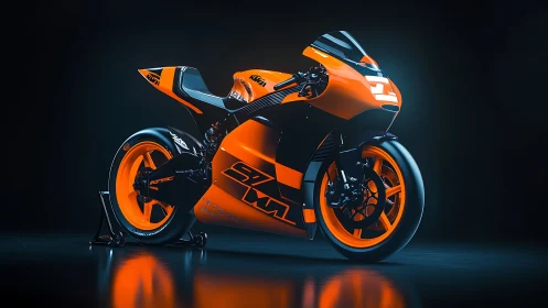 Orange and black racing motorcycle on dark reflective studio