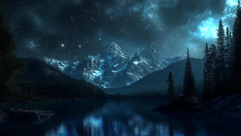 Starlit mountain lake under a deep blue midnight sky.