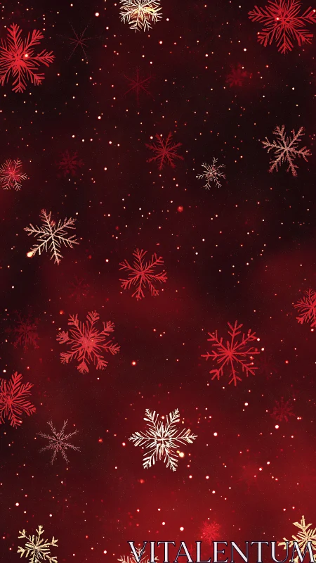 Crimson holiday snowflakes drift across a glowing festive sky