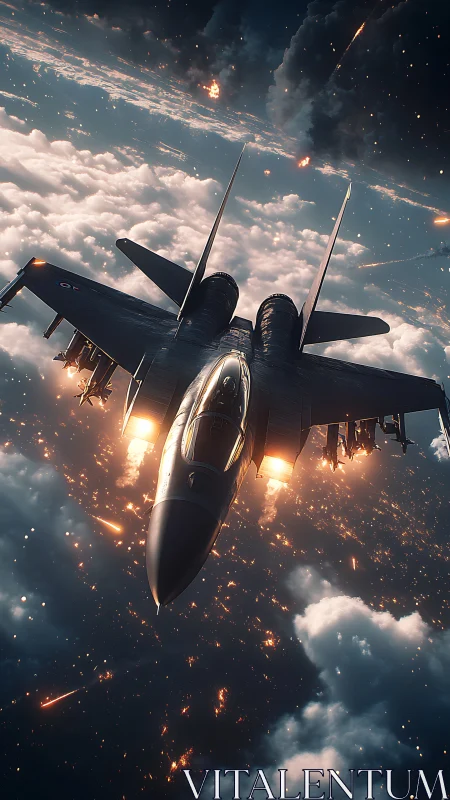Soaring fighter jet glows above stormy, firelit clouds.