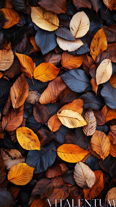 Dry autumn leaves lie densely layered in varied warm colors