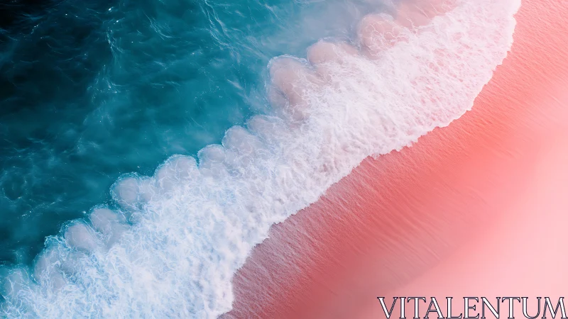 Aerial view of turquoise surf meeting smooth pink shore.